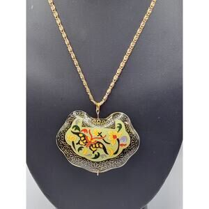 Vintage Cloisonne Butterfly Pendant Necklace Gold Tone Enamel